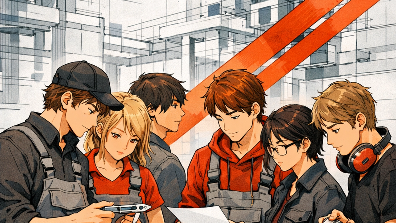 Das Bild zeigt eine Gruppe von sechs Personen in einer modernen technischen Werkstatt oder Ausbildungsumgebung. Sie stehen eng beieinander und scheinen gemeinsam an einem Projekt oder einer Aufgabenstellung zu arbeiten. Zwei Personen halten ein Blatt Papier, das im Mittelpunkt der Aufmerksamkeit steht und vermutlich technische Informationen oder einen Arbeitsplan enthält. Eine andere Person hält ein Werkzeug mit metallisch glänzendem Bauteil, das möglicherweise für eine Demonstration oder Prüfung verwendet wird. Eine Person trägt große Kopfhörer um den Hals, was auf eine lärmintensive Umgebung oder regelmäßige Nutzung technischer Geräte hindeutet.<br/><br/><br/>Alle dargestellten Personen tragen ähnliche Arbeitskleidung, bestehend aus dunklen Overalls oder Latzhosen und teils farblich abgesetzten Shirts. Dies legt nahe, dass sie sich in einem handwerklichen oder industrietechnischen Kontext befinden. Die Umgebung im Hintergrund ist stilisiert und zeigt architektonische Strukturen, technische Elemente und abstrahierte Konstruktionen, die den Eindruck einer Ausbildungswerkstatt, eines Labors oder eines industriellen Trainingsbereichs vermitteln. Die Farbgestaltung nutzt überwiegend neutrale Töne mit auffälligen roten diagonalen Elementen, die als gestalterischer Akzent dienen und die Bildkomposition dynamischer wirken lassen.<br/>Die Perspektive ist leicht erhöht und vermittelt einen guten Überblick über die Gruppe und ihr gemeinsames Handeln. Das Licht ist gleichmäßig und hebt die Personen und ihre Tätigkeiten klar hervor. Optional ließe sich interpretieren, dass die Szene eine kooperative Lernsituation oder ein Teamarbeitsmoment zeigt, etwa im Rahmen einer technischen Ausbildung oder Projektbesprechung. Unklare Details zur spezifischen Aufgabe oder zum genauen Setting bleiben offen.