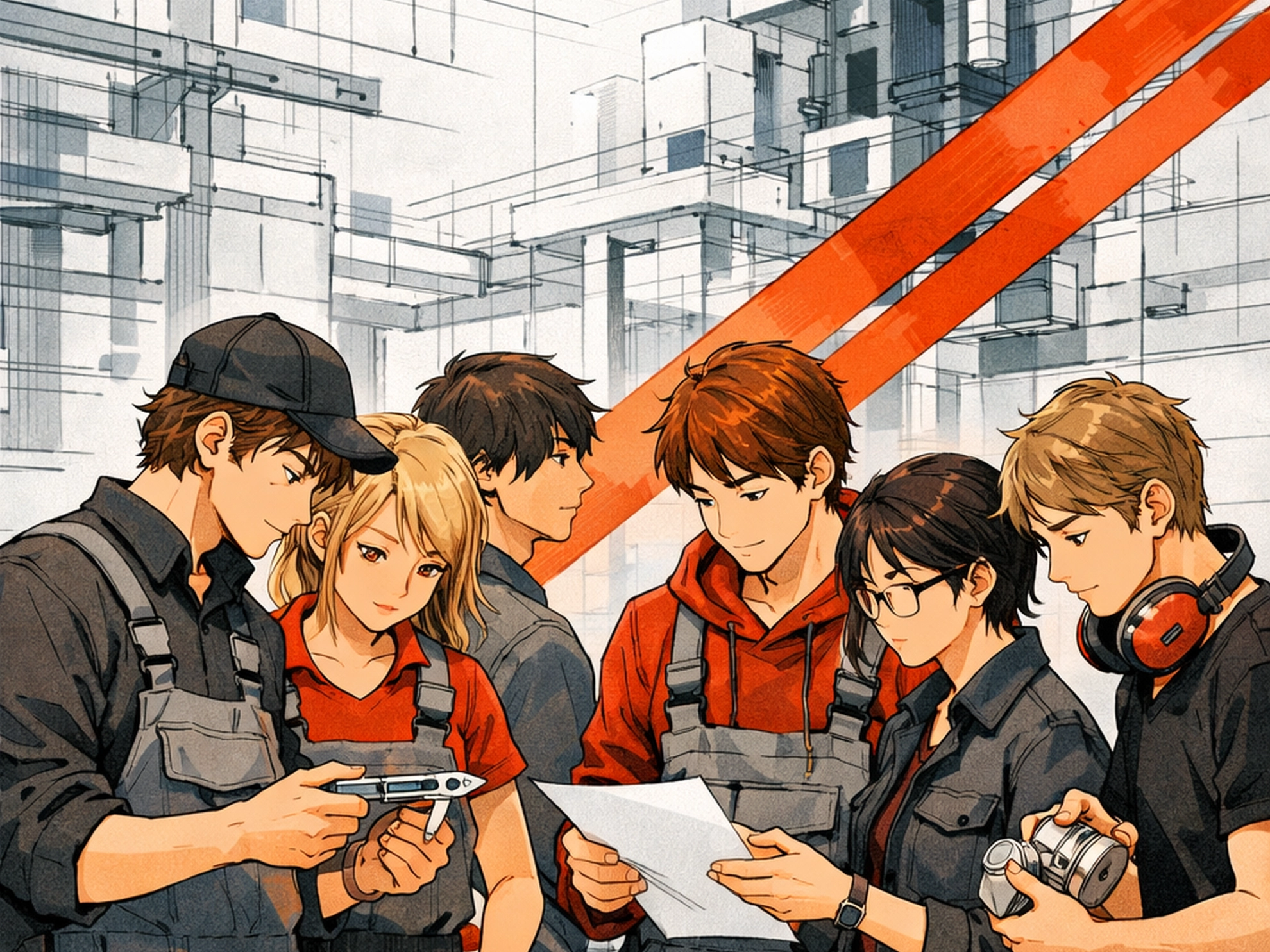 Das Bild zeigt eine Gruppe von sechs Personen in einer modernen technischen Werkstatt oder Ausbildungsumgebung. Sie stehen eng beieinander und scheinen gemeinsam an einem Projekt oder einer Aufgabenstellung zu arbeiten. Zwei Personen halten ein Blatt Papier, das im Mittelpunkt der Aufmerksamkeit steht und vermutlich technische Informationen oder einen Arbeitsplan enthält. Eine andere Person hält ein Werkzeug mit metallisch glänzendem Bauteil, das möglicherweise für eine Demonstration oder Prüfung verwendet wird. Eine Person trägt große Kopfhörer um den Hals, was auf eine lärmintensive Umgebung oder regelmäßige Nutzung technischer Geräte hindeutet.<br/><br/><br/>Alle dargestellten Personen tragen ähnliche Arbeitskleidung, bestehend aus dunklen Overalls oder Latzhosen und teils farblich abgesetzten Shirts. Dies legt nahe, dass sie sich in einem handwerklichen oder industrietechnischen Kontext befinden. Die Umgebung im Hintergrund ist stilisiert und zeigt architektonische Strukturen, technische Elemente und abstrahierte Konstruktionen, die den Eindruck einer Ausbildungswerkstatt, eines Labors oder eines industriellen Trainingsbereichs vermitteln. Die Farbgestaltung nutzt überwiegend neutrale Töne mit auffälligen roten diagonalen Elementen, die als gestalterischer Akzent dienen und die Bildkomposition dynamischer wirken lassen.<br/>Die Perspektive ist leicht erhöht und vermittelt einen guten Überblick über die Gruppe und ihr gemeinsames Handeln. Das Licht ist gleichmäßig und hebt die Personen und ihre Tätigkeiten klar hervor. Optional ließe sich interpretieren, dass die Szene eine kooperative Lernsituation oder ein Teamarbeitsmoment zeigt, etwa im Rahmen einer technischen Ausbildung oder Projektbesprechung. Unklare Details zur spezifischen Aufgabe oder zum genauen Setting bleiben offen.