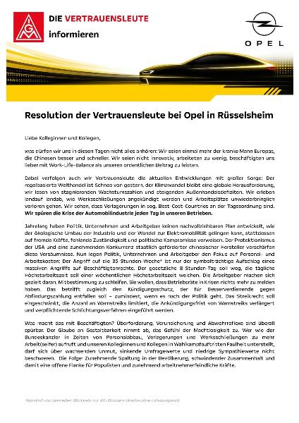 Resolution der Vertrauensleute bei Opel
