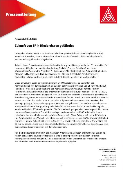 Pressemitteilung: Zukunft ZF gefährdet