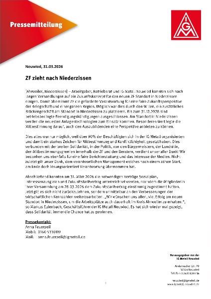 Pressemitteilung: ZF zieht nach Niederzissen