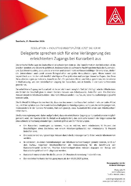 RESOLUTION – INDUSTRIEARBEITSPLÄTZE JETZT SICHERN!