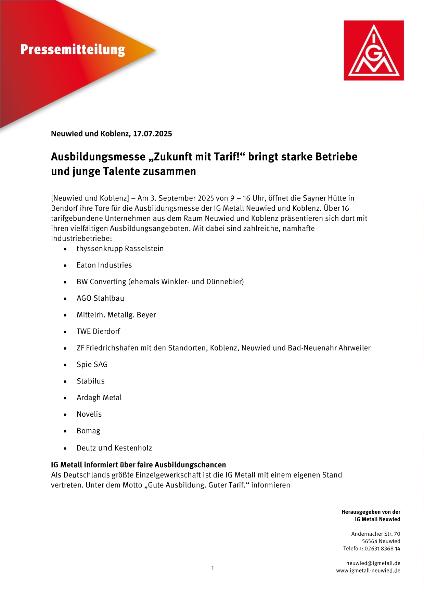 Pressemitteilung der IG Metall Neuwied und Koblenz zur Azubimesse 2025
