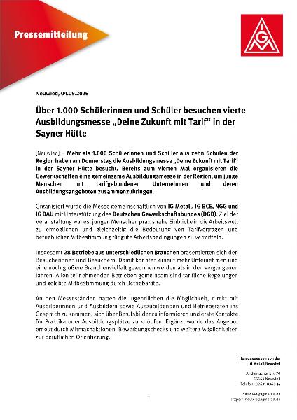 Pressemitteilung zur Ausbildungsmesse der Gewerkschaften am 03.09.2026