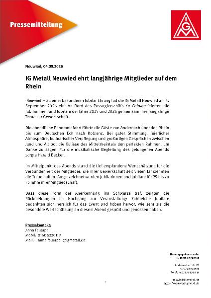 Pressemitteilung zur Jubilarehrung 2025/2026